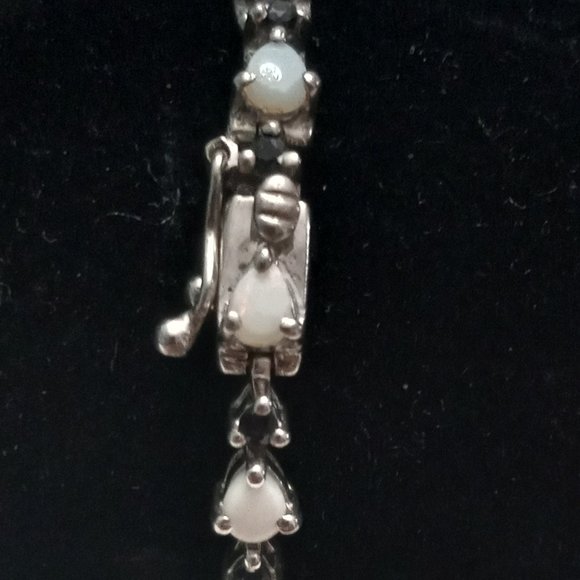 Sterling Silver Bracelet with Opals and Blue Rhinestones - Picture 12 of 14